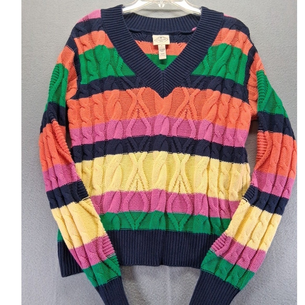 St John's Bay Rainbow Striped Cable Knit V-Neck Sweater Womens Med Multi-Color‎